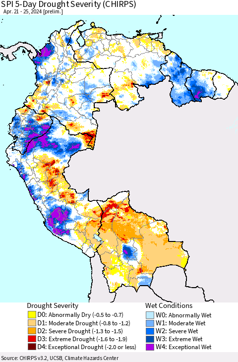 Northern South America SPI 5-Day Drought Severity (CHIRPS) Thematic Map For 4/21/2024 - 4/25/2024