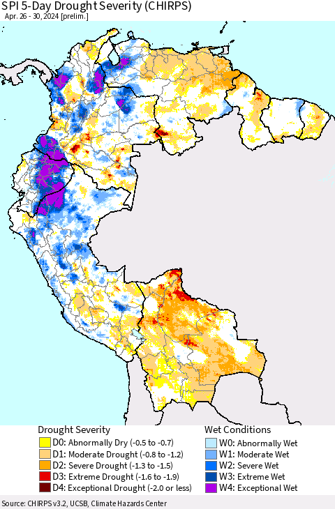 Northern South America SPI 5-Day Drought Severity (CHIRPS) Thematic Map For 4/26/2024 - 4/30/2024