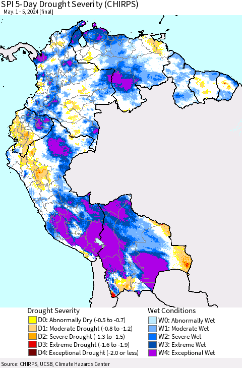 Northern South America SPI 5-Day Drought Severity (CHIRPS) Thematic Map For 5/1/2024 - 5/5/2024