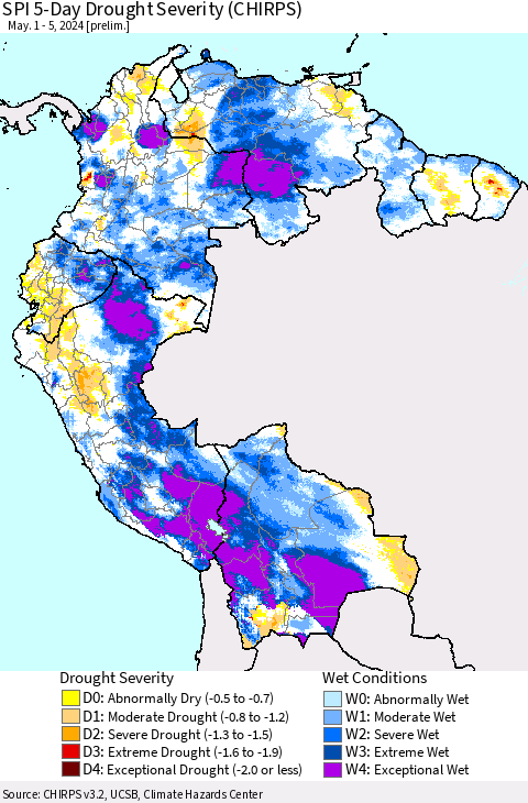 Northern South America SPI 5-Day Drought Severity (CHIRPS) Thematic Map For 5/1/2024 - 5/5/2024