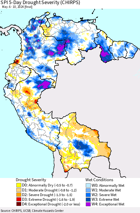 Northern South America SPI 5-Day Drought Severity (CHIRPS) Thematic Map For 5/6/2024 - 5/10/2024