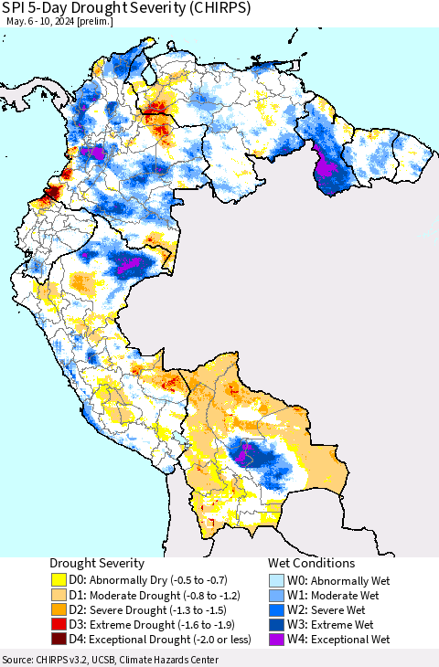 Northern South America SPI 5-Day Drought Severity (CHIRPS) Thematic Map For 5/6/2024 - 5/10/2024