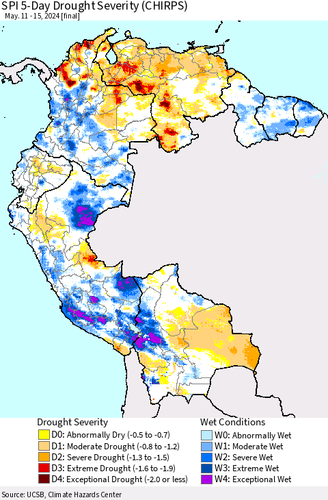 Northern South America SPI 5-Day Drought Severity (CHIRPS) Thematic Map For 5/11/2024 - 5/15/2024