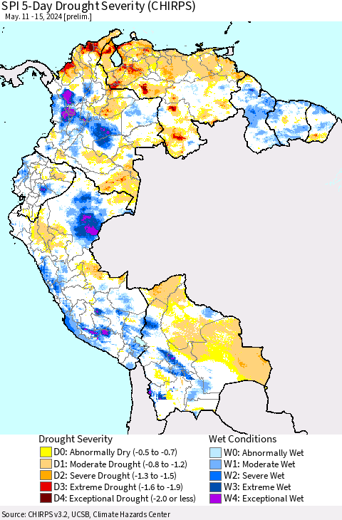 Northern South America SPI 5-Day Drought Severity (CHIRPS) Thematic Map For 5/11/2024 - 5/15/2024