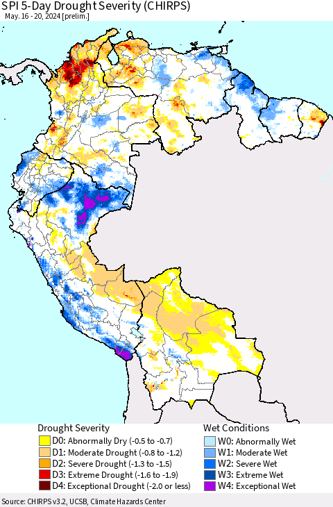 Northern South America SPI 5-Day Drought Severity (CHIRPS) Thematic Map For 5/16/2024 - 5/20/2024
