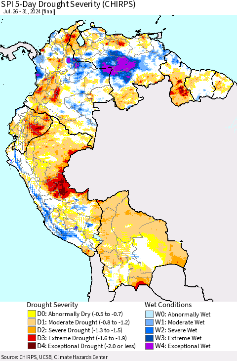 Northern South America SPI 5-Day Drought Severity (CHIRPS) Thematic Map For 7/26/2024 - 7/31/2024