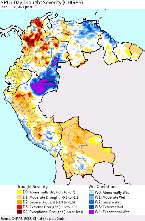 Northern South America SPI 5-Day Drought Severity (CHIRPS) Thematic Map For 9/6/2024 - 9/10/2024