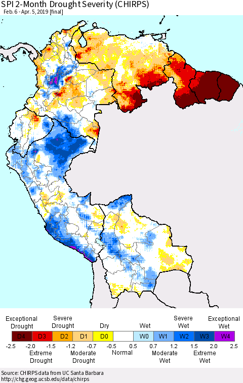 Northern South America SPI 2-Month Drought Severity (CHIRPS) Thematic Map For 2/6/2019 - 4/5/2019