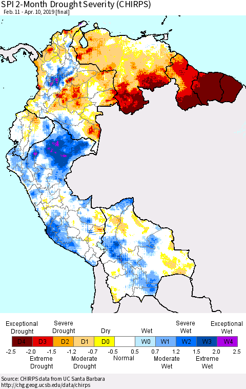 Northern South America SPI 2-Month Drought Severity (CHIRPS) Thematic Map For 2/11/2019 - 4/10/2019