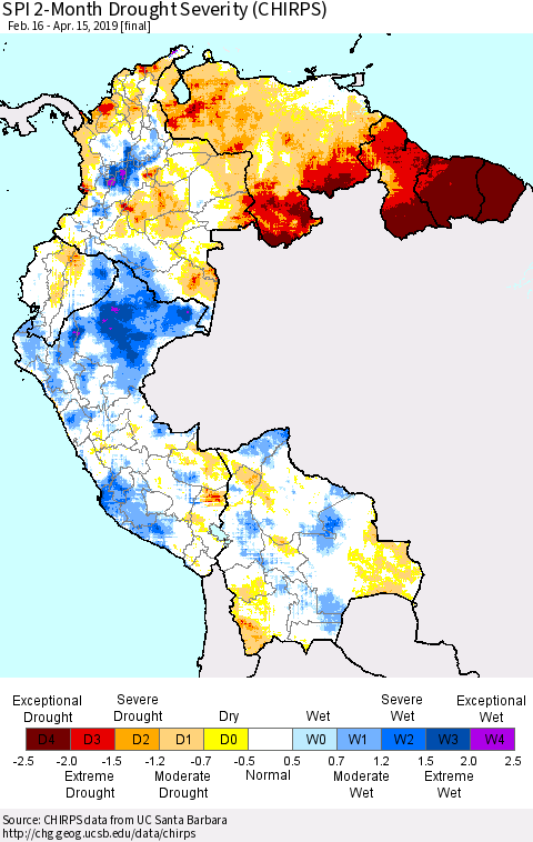 Northern South America SPI 2-Month Drought Severity (CHIRPS) Thematic Map For 2/16/2019 - 4/15/2019