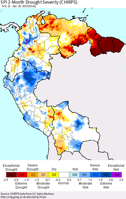 Northern South America SPI 2-Month Drought Severity (CHIRPS) Thematic Map For 2/21/2019 - 4/20/2019