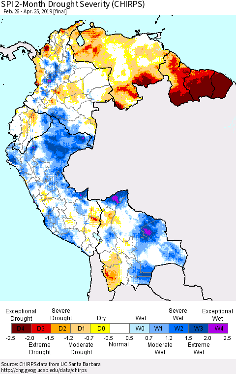 Northern South America SPI 2-Month Drought Severity (CHIRPS) Thematic Map For 2/26/2019 - 4/25/2019