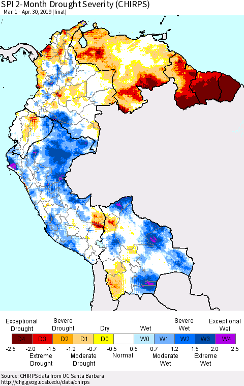 Northern South America SPI 2-Month Drought Severity (CHIRPS) Thematic Map For 3/1/2019 - 4/30/2019