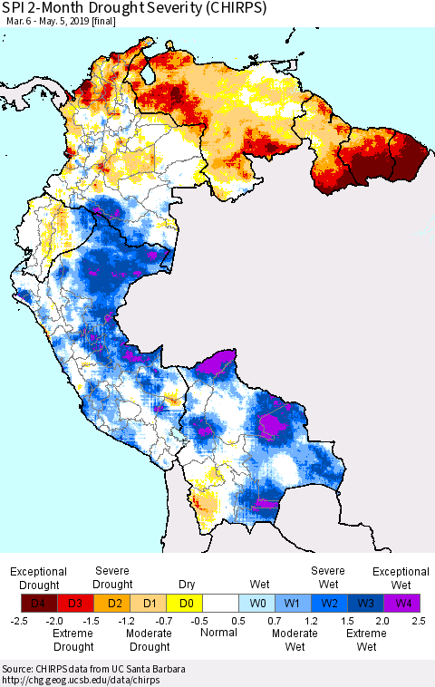 Northern South America SPI 2-Month Drought Severity (CHIRPS) Thematic Map For 3/6/2019 - 5/5/2019