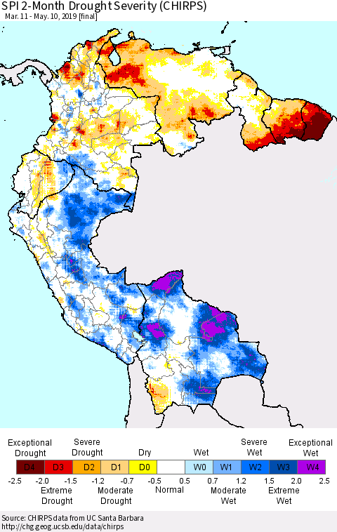 Northern South America SPI 2-Month Drought Severity (CHIRPS) Thematic Map For 3/11/2019 - 5/10/2019