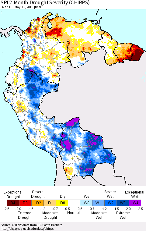 Northern South America SPI 2-Month Drought Severity (CHIRPS) Thematic Map For 3/16/2019 - 5/15/2019