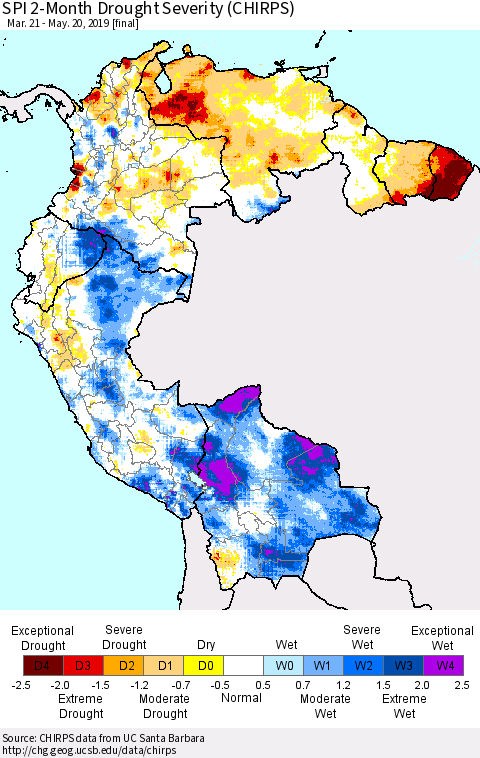 Northern South America SPI 2-Month Drought Severity (CHIRPS) Thematic Map For 3/21/2019 - 5/20/2019