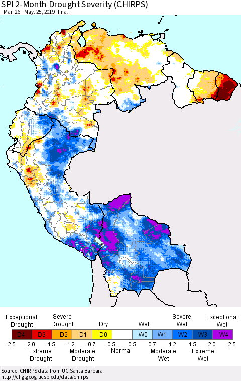 Northern South America SPI 2-Month Drought Severity (CHIRPS) Thematic Map For 3/26/2019 - 5/25/2019