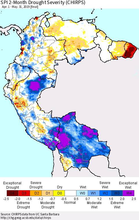 Northern South America SPI 2-Month Drought Severity (CHIRPS) Thematic Map For 4/1/2019 - 5/31/2019