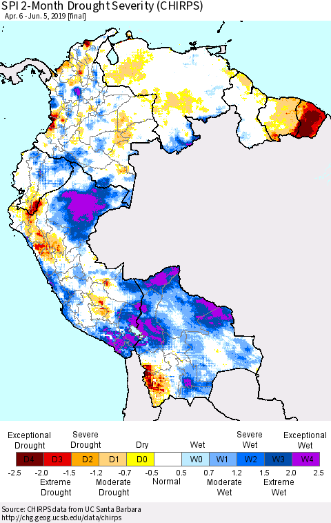 Northern South America SPI 2-Month Drought Severity (CHIRPS) Thematic Map For 4/6/2019 - 6/5/2019