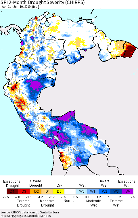 Northern South America SPI 2-Month Drought Severity (CHIRPS) Thematic Map For 4/11/2019 - 6/10/2019