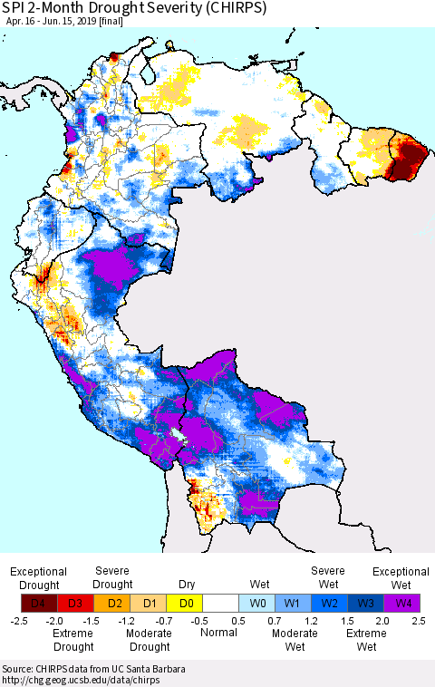 Northern South America SPI 2-Month Drought Severity (CHIRPS) Thematic Map For 4/16/2019 - 6/15/2019