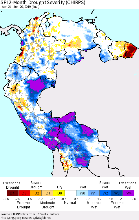 Northern South America SPI 2-Month Drought Severity (CHIRPS) Thematic Map For 4/21/2019 - 6/20/2019