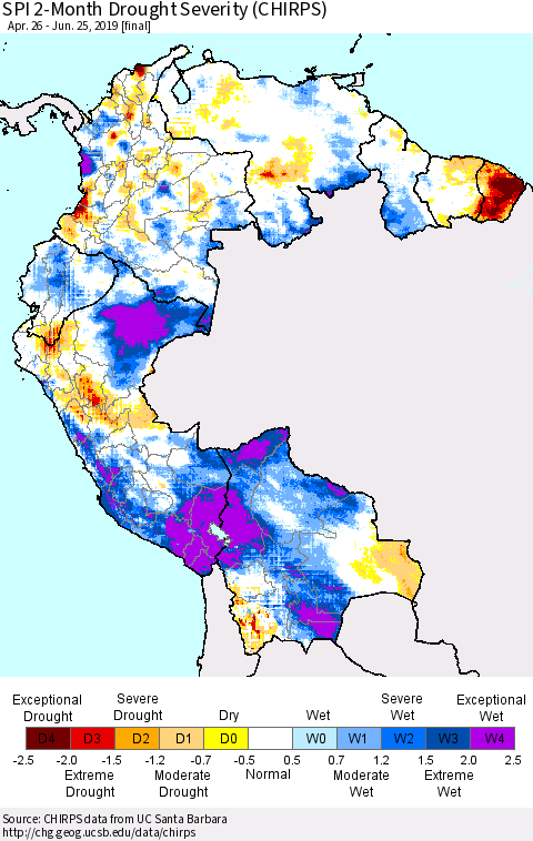 Northern South America SPI 2-Month Drought Severity (CHIRPS) Thematic Map For 4/26/2019 - 6/25/2019