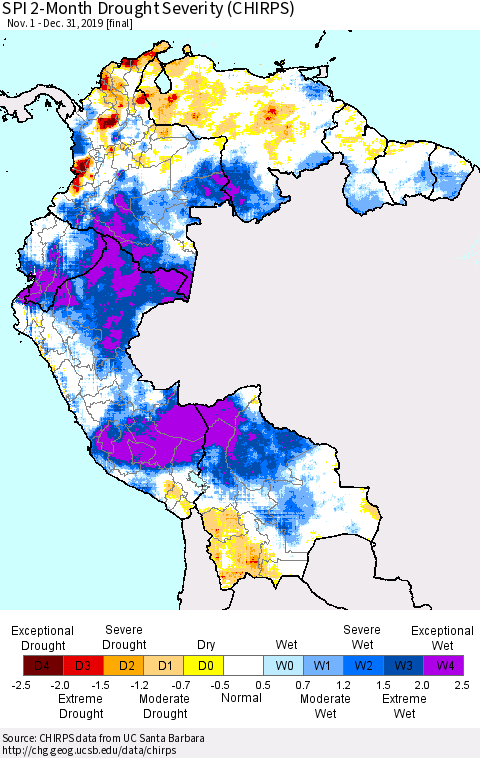 Northern South America SPI 2-Month Drought Severity (CHIRPS) Thematic Map For 11/1/2019 - 12/31/2019