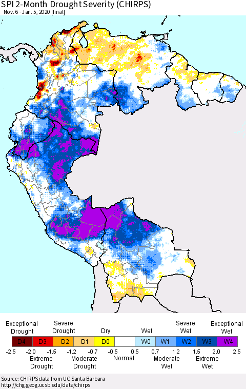 Northern South America SPI 2-Month Drought Severity (CHIRPS) Thematic Map For 11/6/2019 - 1/5/2020