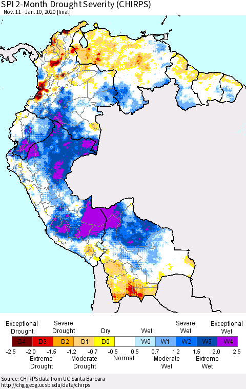 Northern South America SPI 2-Month Drought Severity (CHIRPS) Thematic Map For 11/11/2019 - 1/10/2020