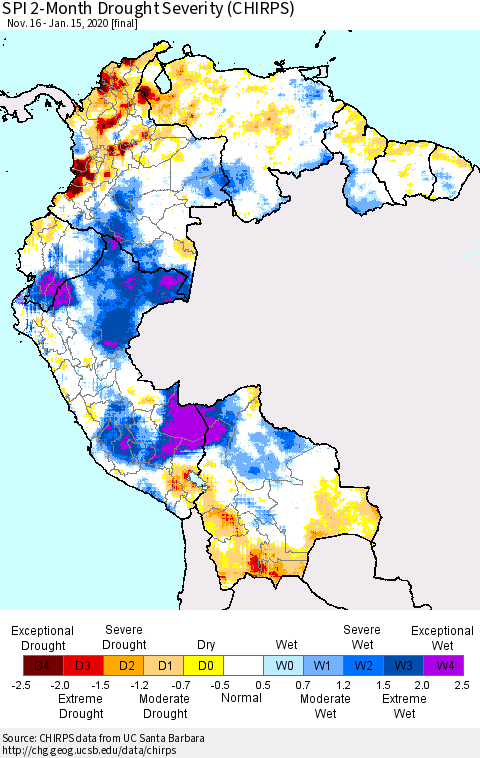 Northern South America SPI 2-Month Drought Severity (CHIRPS) Thematic Map For 11/16/2019 - 1/15/2020