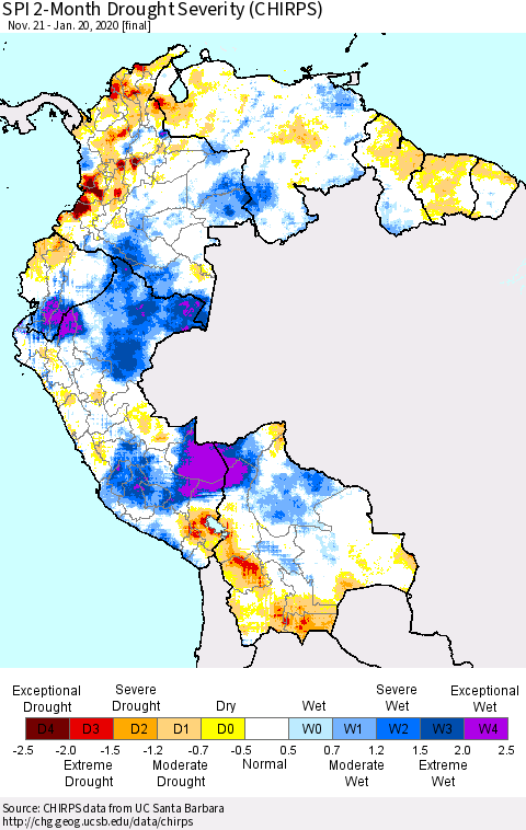 Northern South America SPI 2-Month Drought Severity (CHIRPS) Thematic Map For 11/21/2019 - 1/20/2020