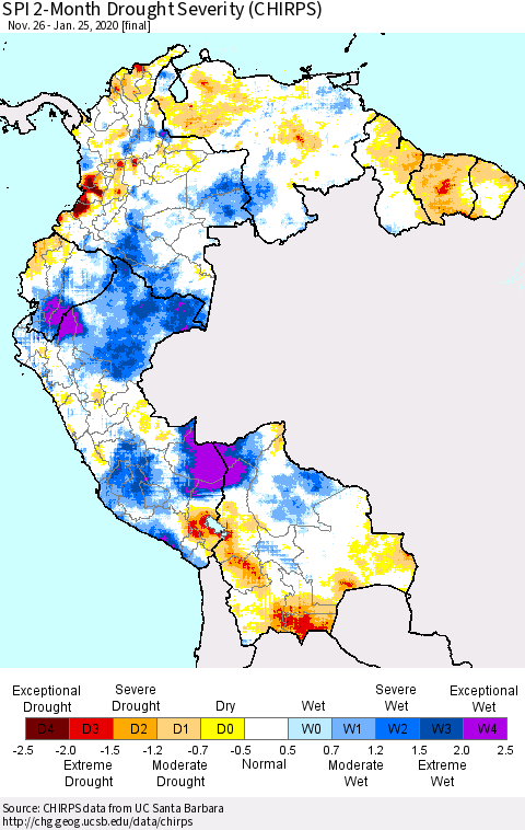 Northern South America SPI 2-Month Drought Severity (CHIRPS) Thematic Map For 11/26/2019 - 1/25/2020