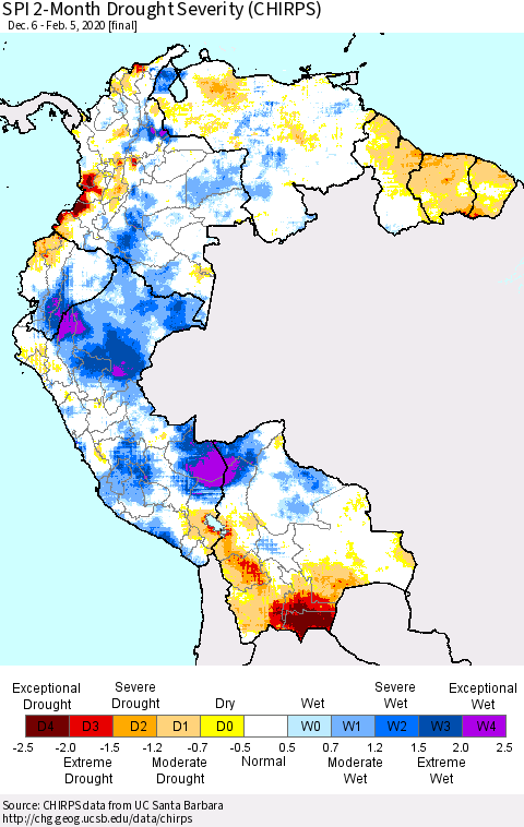 Northern South America SPI 2-Month Drought Severity (CHIRPS) Thematic Map For 12/6/2019 - 2/5/2020