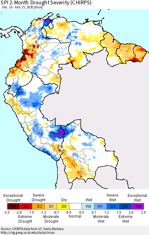 Northern South America SPI 2-Month Drought Severity (CHIRPS) Thematic Map For 12/16/2019 - 2/15/2020