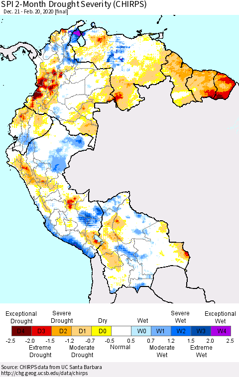 Northern South America SPI 2-Month Drought Severity (CHIRPS) Thematic Map For 12/21/2019 - 2/20/2020