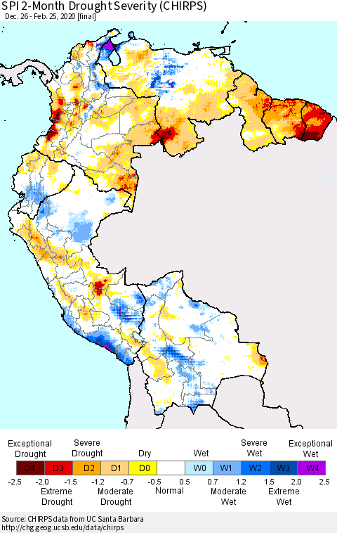 Northern South America SPI 2-Month Drought Severity (CHIRPS) Thematic Map For 12/26/2019 - 2/25/2020