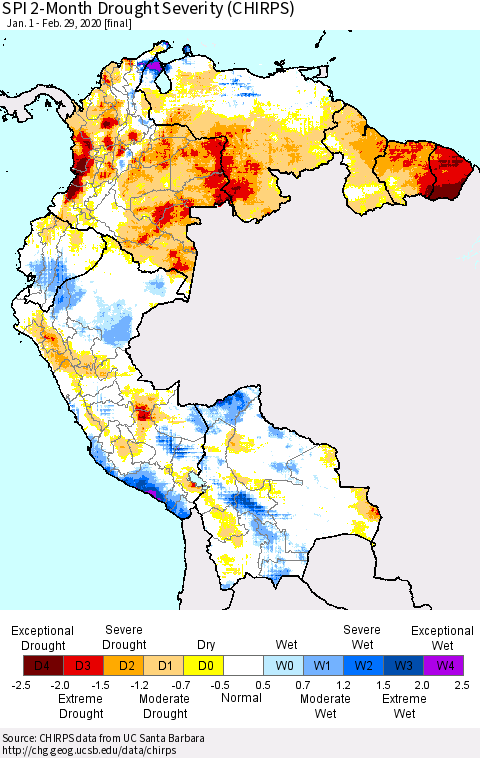 Northern South America SPI 2-Month Drought Severity (CHIRPS) Thematic Map For 1/1/2020 - 2/29/2020
