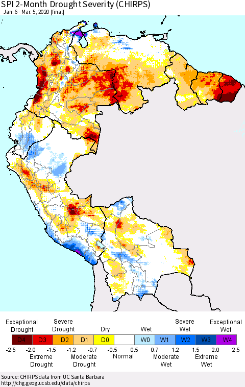 Northern South America SPI 2-Month Drought Severity (CHIRPS) Thematic Map For 1/6/2020 - 3/5/2020