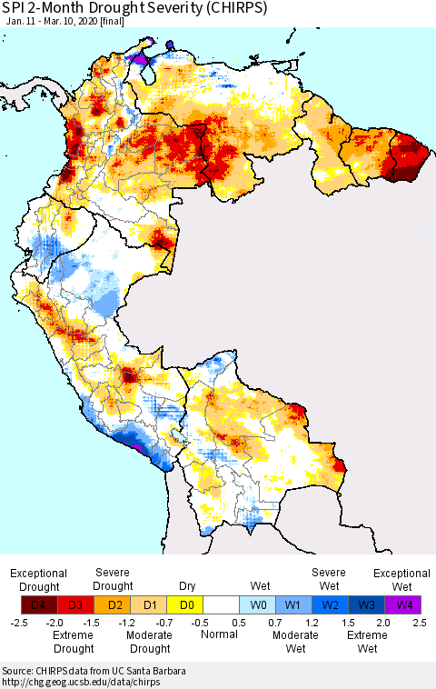 Northern South America SPI 2-Month Drought Severity (CHIRPS) Thematic Map For 1/11/2020 - 3/10/2020