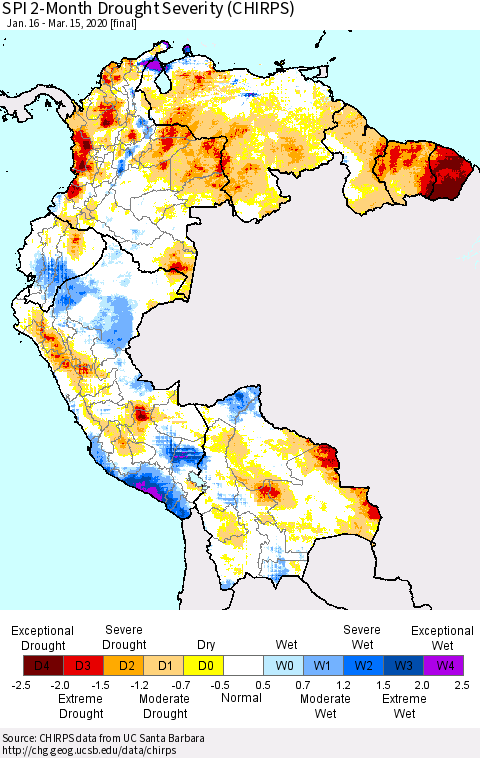 Northern South America SPI 2-Month Drought Severity (CHIRPS) Thematic Map For 1/16/2020 - 3/15/2020