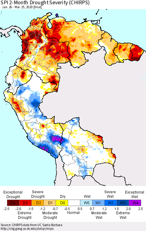 Northern South America SPI 2-Month Drought Severity (CHIRPS) Thematic Map For 1/26/2020 - 3/25/2020
