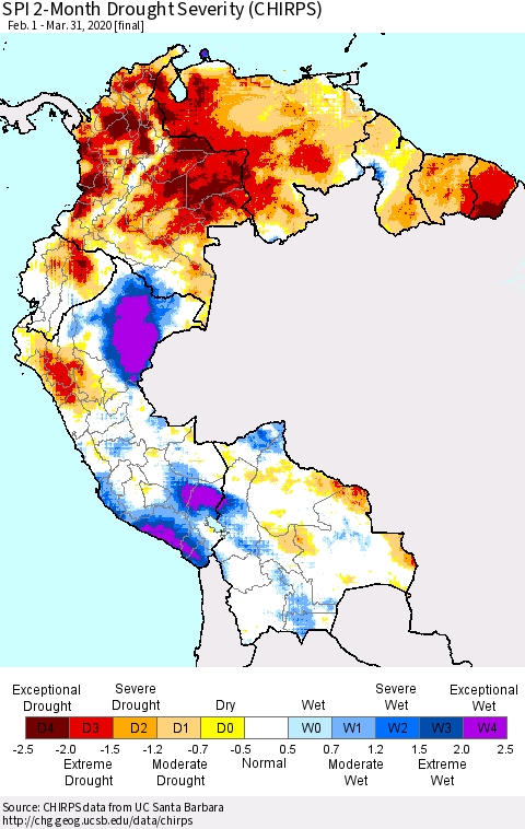 Northern South America SPI 2-Month Drought Severity (CHIRPS) Thematic Map For 2/1/2020 - 3/31/2020