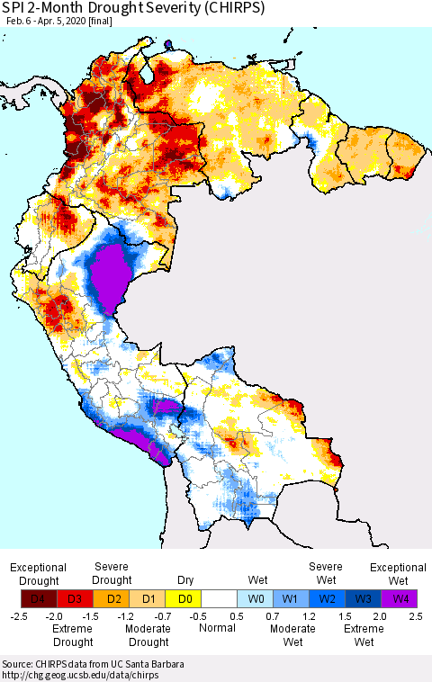Northern South America SPI 2-Month Drought Severity (CHIRPS) Thematic Map For 2/6/2020 - 4/5/2020