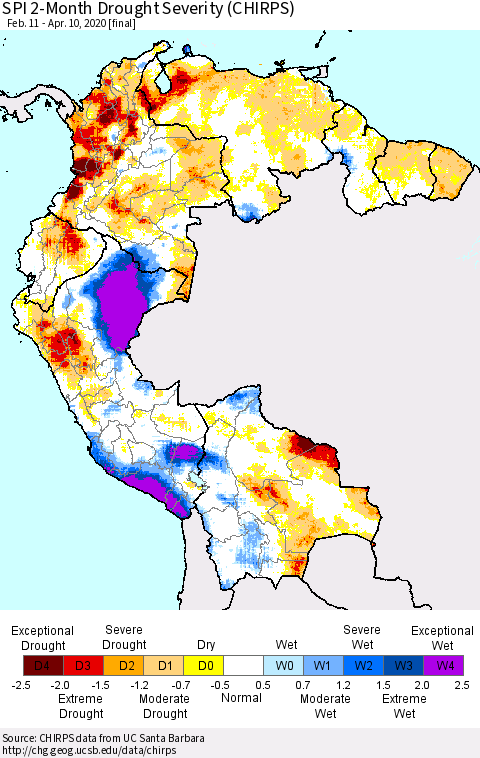 Northern South America SPI 2-Month Drought Severity (CHIRPS) Thematic Map For 2/11/2020 - 4/10/2020