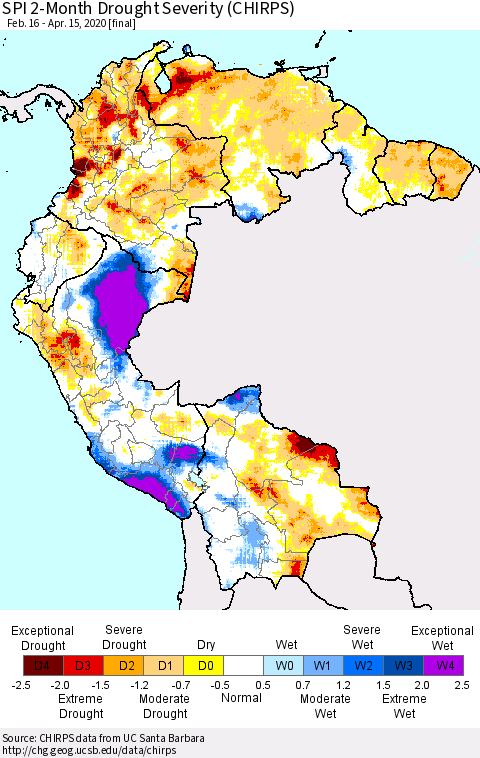 Northern South America SPI 2-Month Drought Severity (CHIRPS) Thematic Map For 2/16/2020 - 4/15/2020