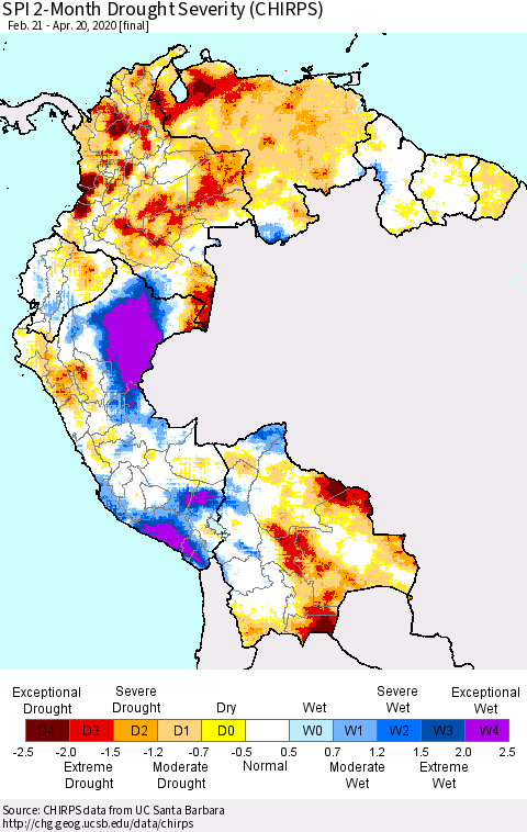 Northern South America SPI 2-Month Drought Severity (CHIRPS) Thematic Map For 2/21/2020 - 4/20/2020