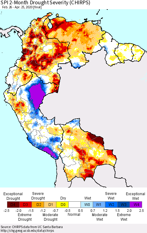 Northern South America SPI 2-Month Drought Severity (CHIRPS) Thematic Map For 2/26/2020 - 4/25/2020