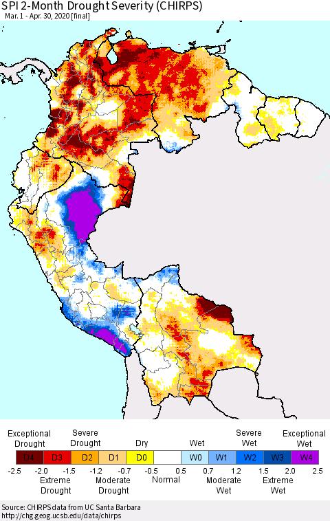 Northern South America SPI 2-Month Drought Severity (CHIRPS) Thematic Map For 3/1/2020 - 4/30/2020